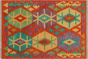 Flat Weave Kilim, Antique, Navaho, Vintage, Handmade, Geometric Kilim Rust Gold Hand-Woven Rectangle 100% Wool Area Rug 3 x 4